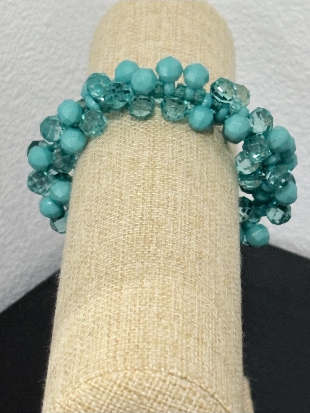 Handcrafted iridescent turquoise blue glass beaded bracelet